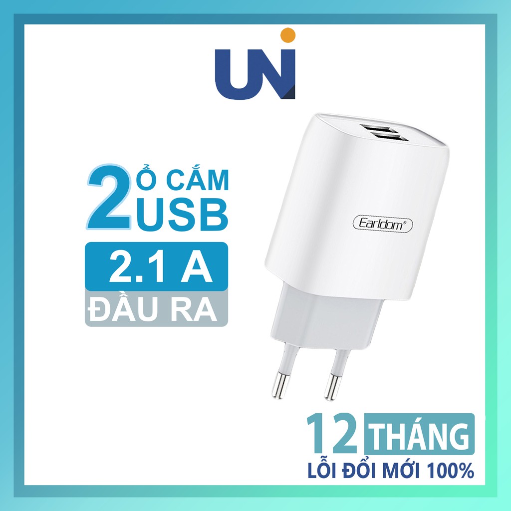 Củ Sạc Nhanh Earldom ES - 196 (Hỗ Trợ 2 Cổng USB) Củ Sạc Nhanh Kèm Dây Sạc Lightning, Type C, Micro