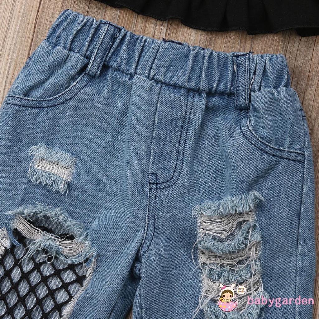 Áo thun sát nách + Quần jeans xẻ rách cá tính cho bé gái
