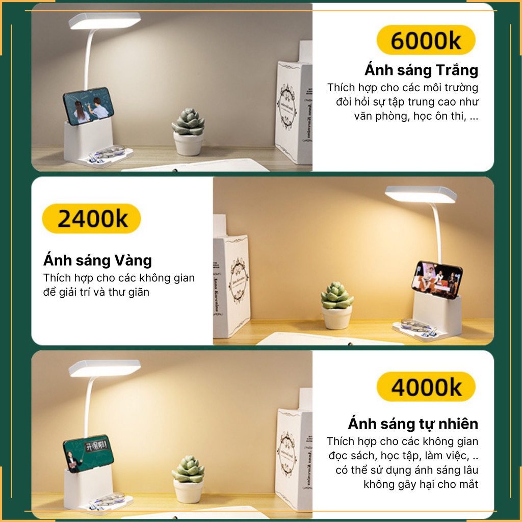 Đèn học để bàn Pin sạc 2500 mAh Đựng bút 3 nhiệt độ màu Làm mờ vô cấp Hình chữ nhật Q108