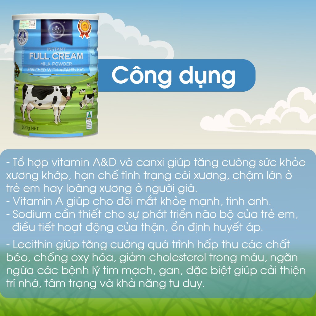 [COMBO 2 Sữa Tặng Quà] Sữa Bột Hoàng Gia Úc Nguyên Kem Vitamin A&D Full Cream Tổng Hợp Vitamin Cho Trẻ ROYAL AUSNZ 900g