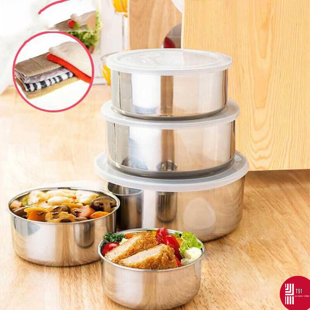 Set 5 Bát Có Nắp Đậy Silicon Bảo Về Thực Phẩm Chất Liệu Inox