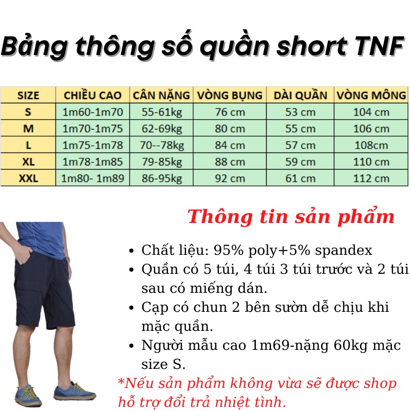 Quần Short Đùi  Nam Bigsize Túi Hộp mau khô TNF chống nước thích hợp cho leo núi,dã ngoại hoặc đi câu