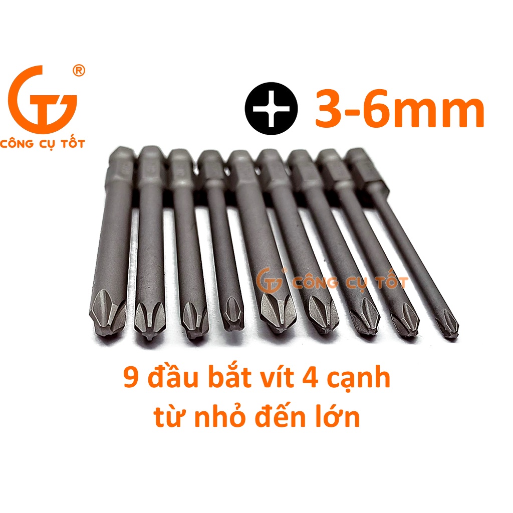 Vỉ 9 đầu bắt vít 4 cạnh chuôi lục thép S2 Φ3 - Φ6mm dài 100mm