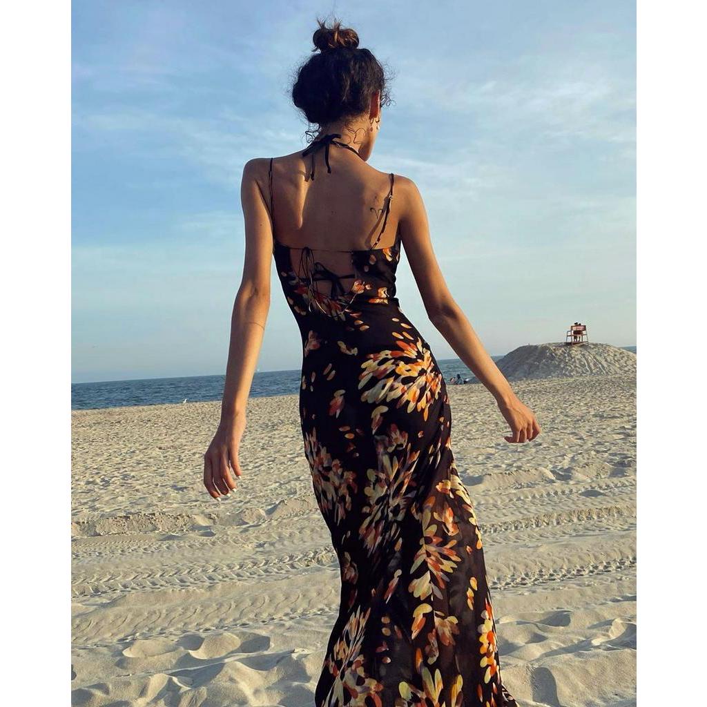 DUNEA Đầm dài 2 dây in họa tiết đáng yêu cho nữ