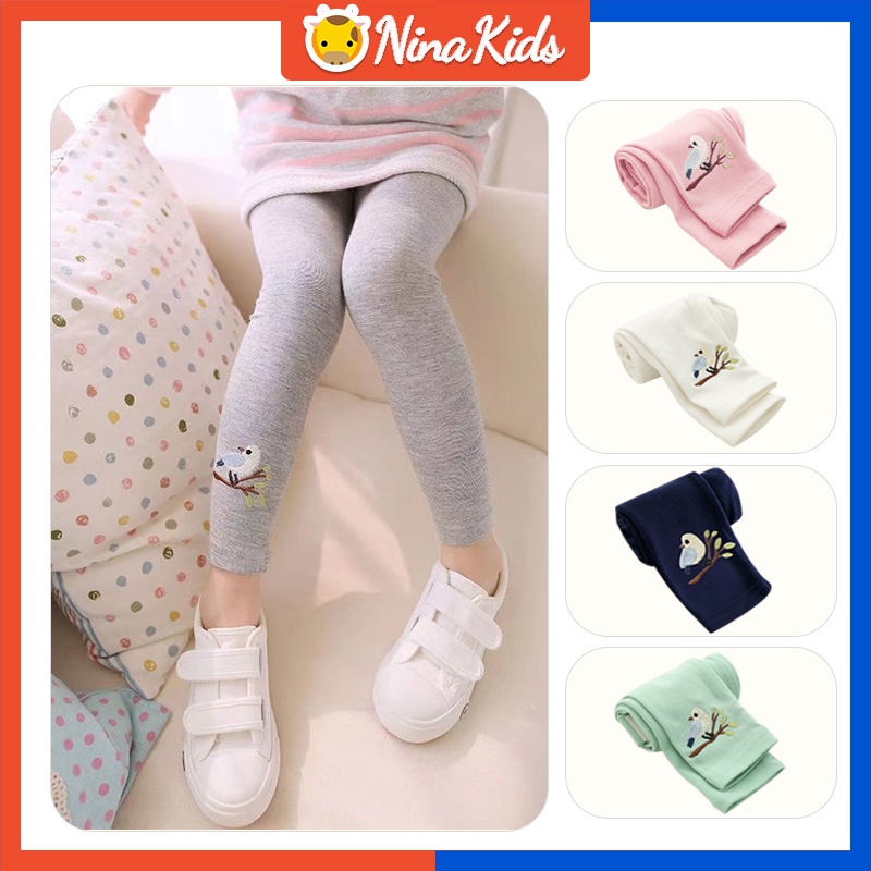 Quần legging Nina Kids màu kẹo thêu hình chú chim cho bé gái 1-6 tuổi