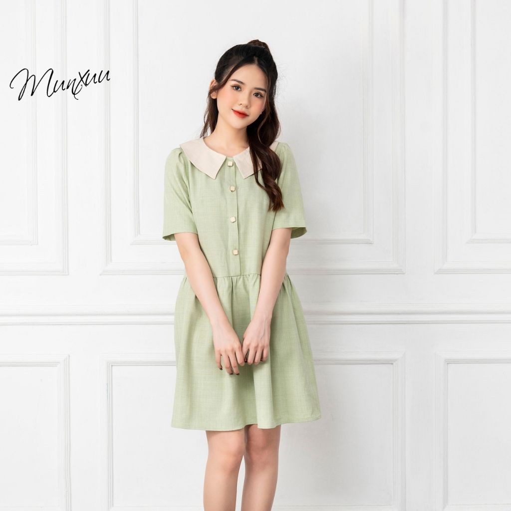 Váy babydoll tay ngắn MUNXUU đính cúc thiết kế màu trơn dáng dài xòe nhẹ nhàng thanh lịch - V05