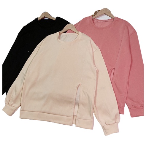 Áo sweater nữ cổ tròn xẻ tà trơn  Form rộng dài tay,áo sweate màu (đen,hồng,trắng kem) | BigBuy360 - bigbuy360.vn