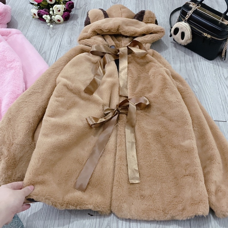 Áo Khoác Lông  nơ Tai Gấu Thắt Nơ  2 Màu  dưới 63kg - Áo Khoác Nữ Lót Lụa G087 - HT STORE