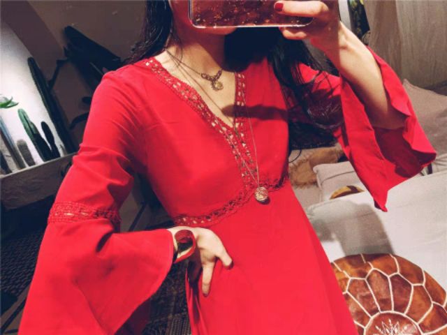 Váy Thổ Cẩm Boho Đỏ Tay Xòe ❤️FREESHIP❤️ Sẵn S M | BigBuy360 - bigbuy360.vn