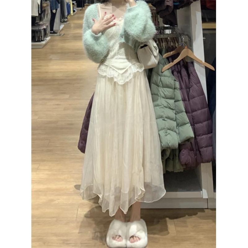 Set Áo Khoác Cardigan + Áo Hai Dây + Chân Váy Lưới Thời Trang Hàn Quốc Mới Cho Nữ