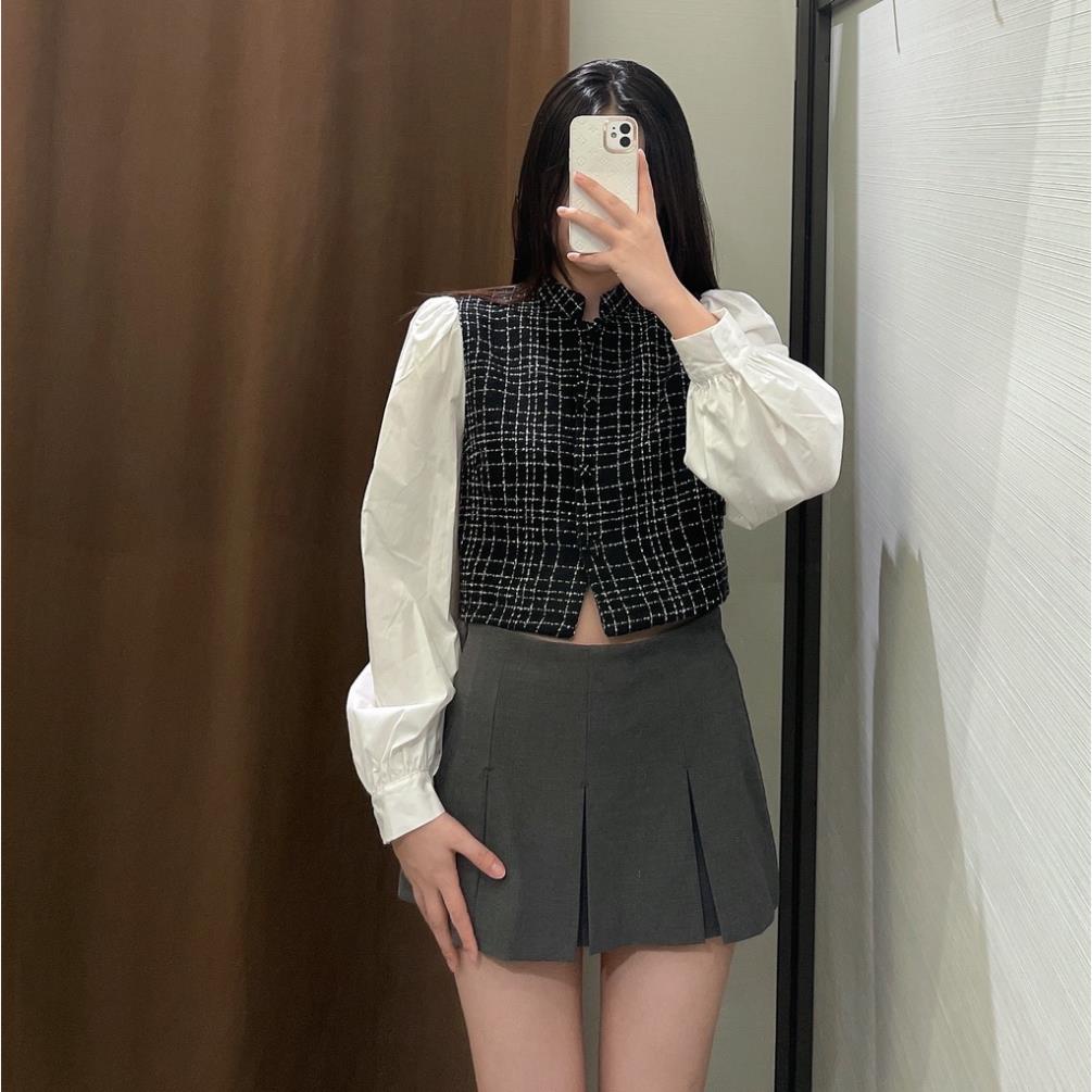 Made in Morocco - Áo Zara Sơ Mi Tay Dài Dáng Ngắn Phối áo gile karo AK07SMG45N9