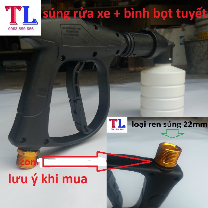 Súng Xịt Rửa Xe Áp Lực Cao Và Bình Tạo Bọt Tuyết (súng đen ren 22mm + bình bọt tuyết 0,5 lít)