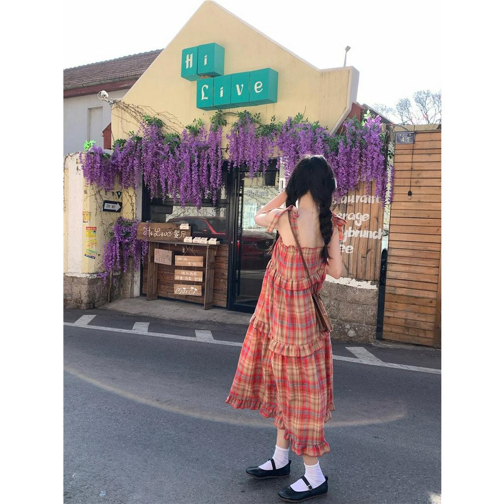 Váy kẻ 2 dây Glandie buộc nơ vai dáng babydoll