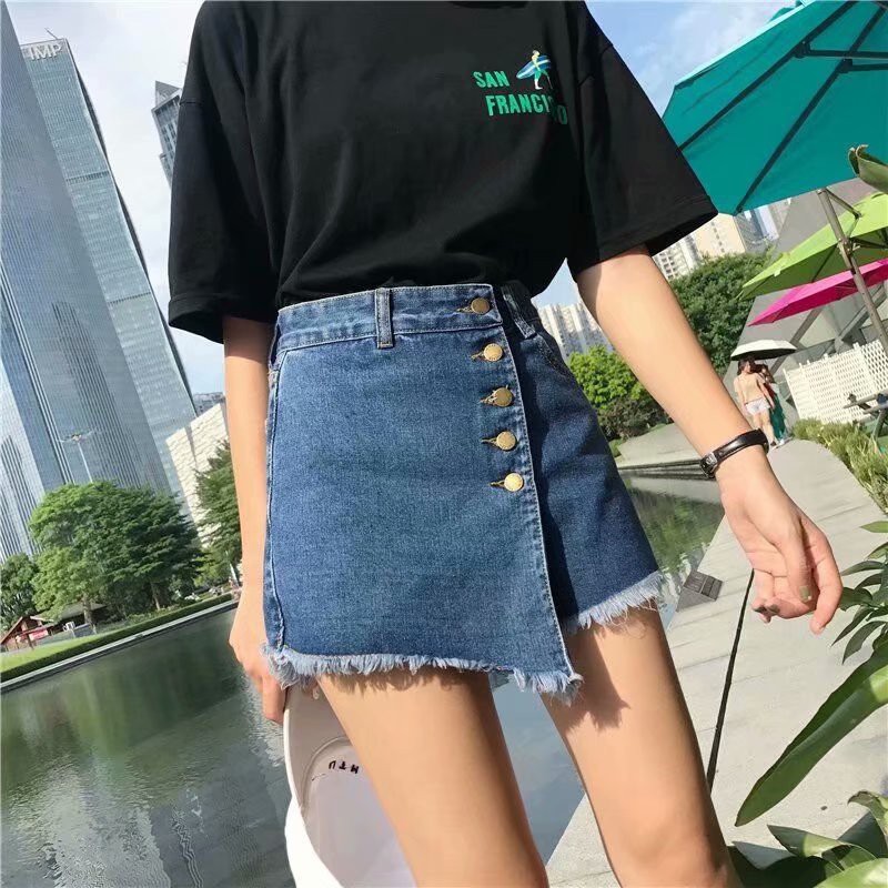 Quần Short Denim Giả Váy Lưng Cao Kiểu Hàn Quốc Đơn Giản 522