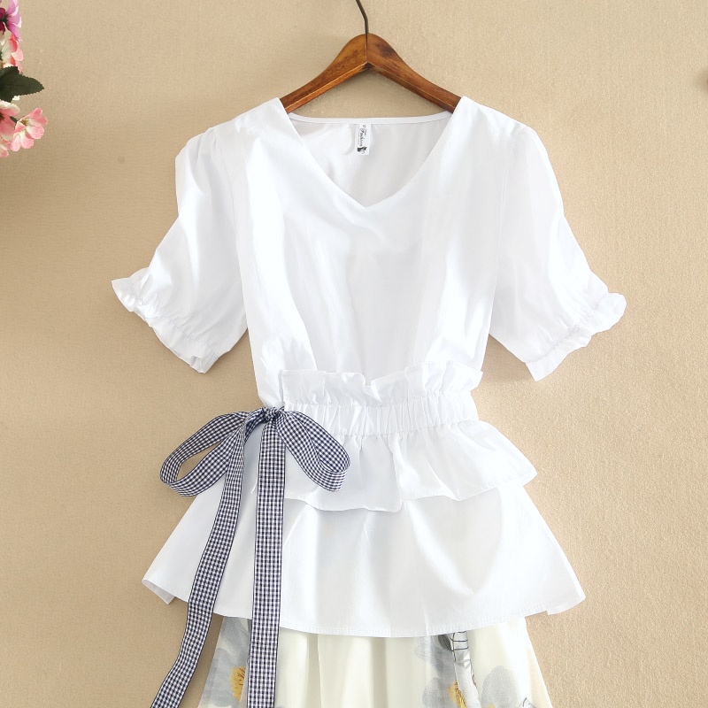 ◊✟◙mùa hè kiểu mới Áo phông trắng cổ v tay ngắn in hình váy cạp cao thời trang hai dây mảnh