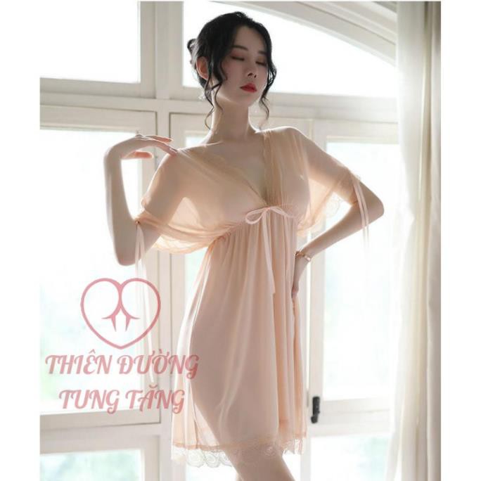 Váy ngủ hai dây voan thun dày mịn cao cấp sexy mặc 2 kiểu bigsize màu vàng mơ s12 Đẹp