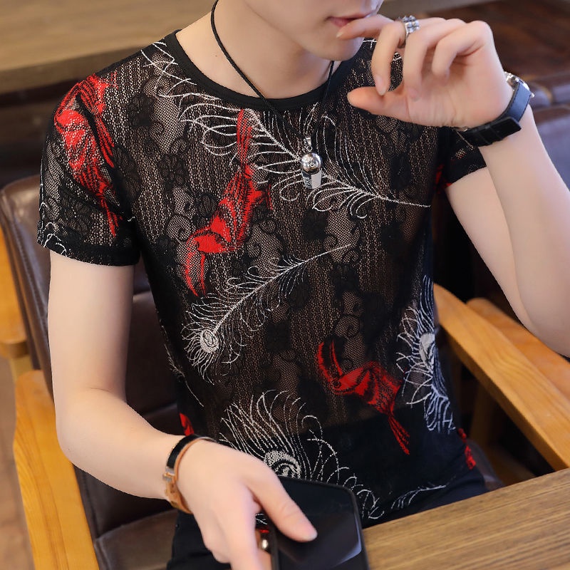 Áo Thun Ngắn Tay Vải Lụa Mát Phối Lưới Thời Trang Xu Hướng Cho Nam