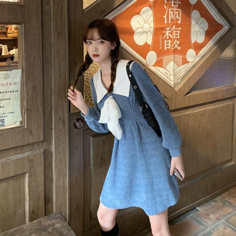 Đầm Nhung Tay Dài Thắt Nơ Eo Phong Cách Hàn Quốc Thời Trang Thu Đông Dành Cho Nữ