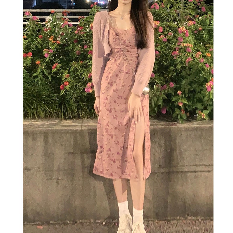 Set váy hai dây kèm áo ngắn dệt kim khoác ngoài thời trang xuân thu nhẹ nhàng cho nữ