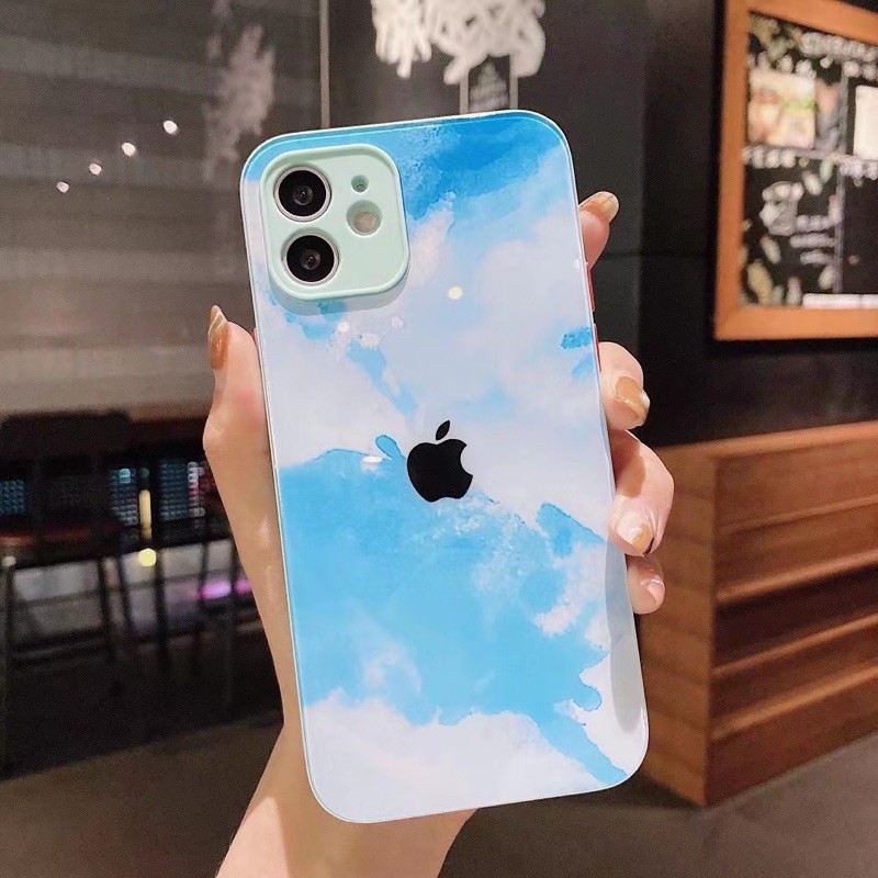 (iPhone6 đến 12 Pro Max)_Ốp Lưng Mặt Kính Cường Lực 9H Chống Sốc họa tiết loang màu cẩm thạch bảo vệ camera