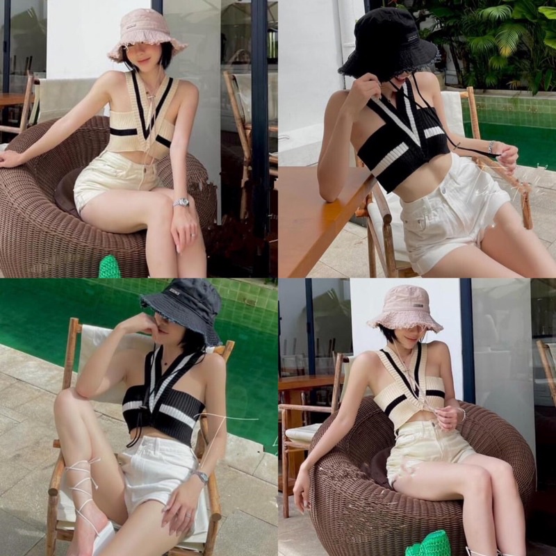 Áo 2 dây kiểu yếm chữ V gân tăm form croptop ôm body alohashop91