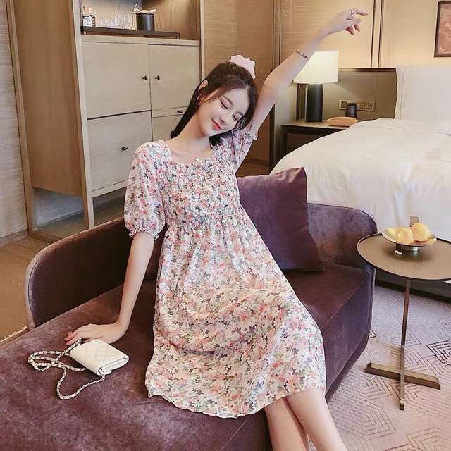 Váy voan hoa đẹp cho mẹ bầuhàng quảng châu(sẵn hàng giao ngay)