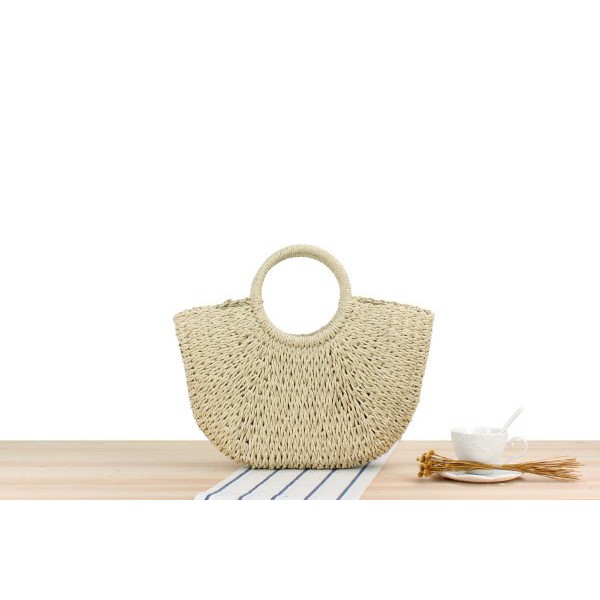 [NowShip - Giao Ngay] Túi Cói Boho Vintage Đeo Vai, Đeo Chéo Hình Tròn Dây Da Màu Nâu Be Trơn