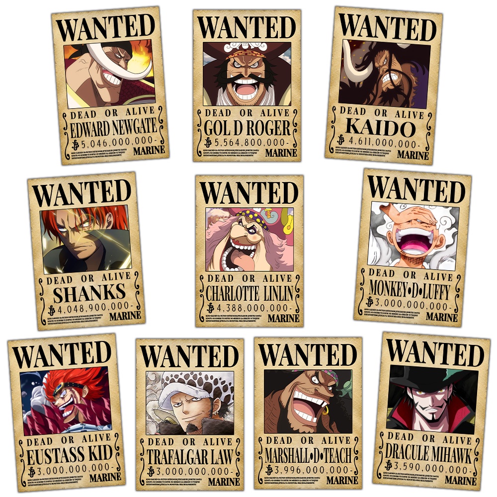 Bộ Poster BXH Truy Nã cao nhất, Tờ lệnh truy nã One Piece Anime Manga Băng Mũ Rơm, BXH Cựu Thất Vũ Hải, Quân Cách mạng