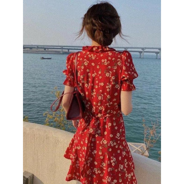 VÁY ZARA ĐỎ HOA CỔ V BÈO CÓ DÂY BUỘC EO