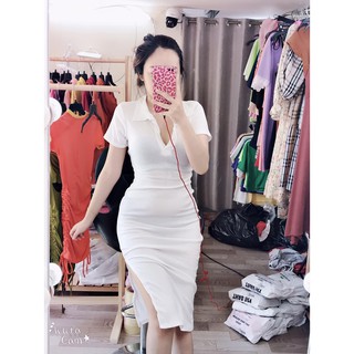 Đầm body tay ngắn cổ bẻ tiện lợi chất thun gân lưng hở phối chéo dây cực sexy