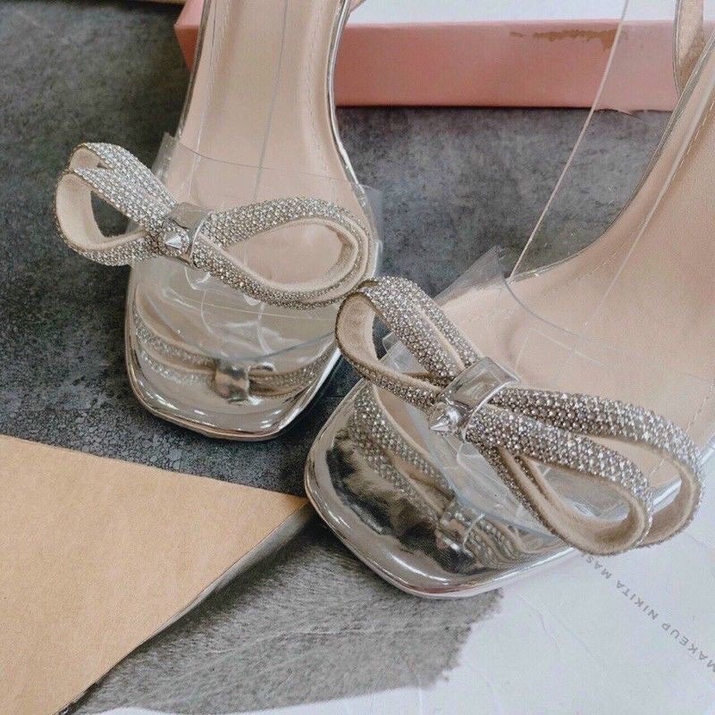 GIÀY SANDAL QUAI BẢN MIKA NƠ ĐÍNH ĐÁ GÓT NHỌN 9p CẢ 1 VÒNG VÀ 2 VÒNG ĐÁ