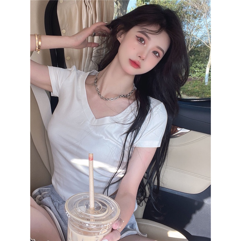 COZOK Áo Thun Tay Ngắn Cổ Chữ v Màu Trắng Thời Trang Cho Nữ