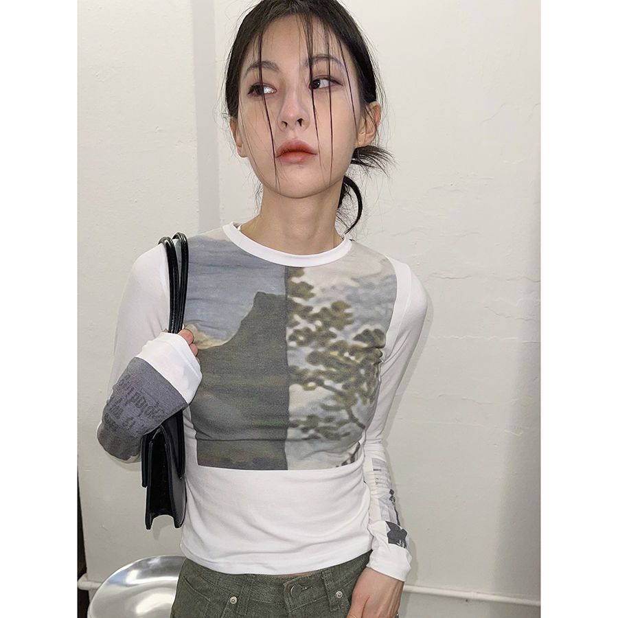 77 Hàng Mới Về Áo Thun Lửng Tay Dài In Họa Tiết Phong Cách retro Cho Nữ