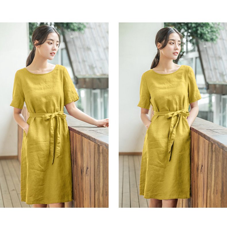Váy Thu dáng xinh [ chất linen+ dáng rút dây+ tay lỡ]