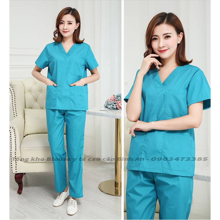 Đồng phục Y Tế, Spa màu xanh ngọc cho bác sĩ, y tá, điều dưỡng, thẩm mỹ viện, Vải cotton Hàn Quốc cao cấp-Blouse Bình An
