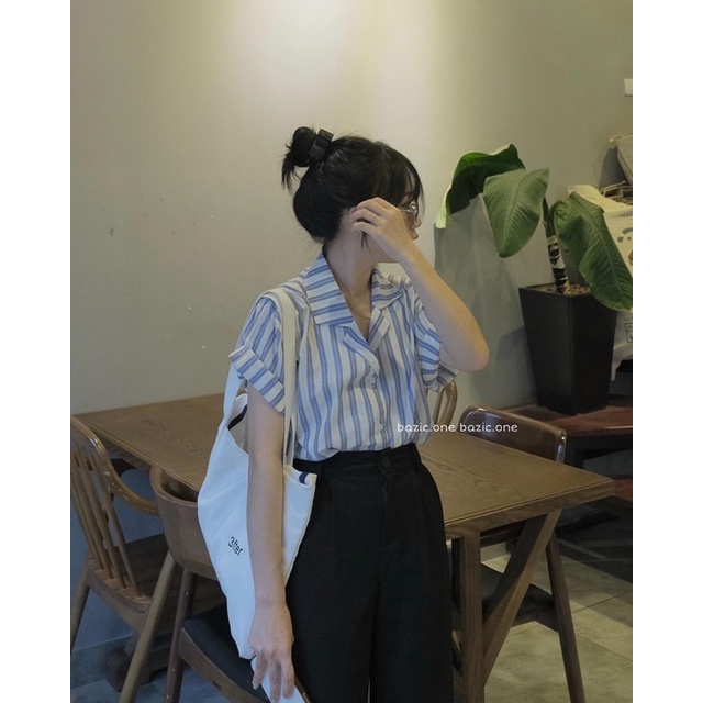 Áo sơ mi cộc tay kẻ sọc to Bazic one
