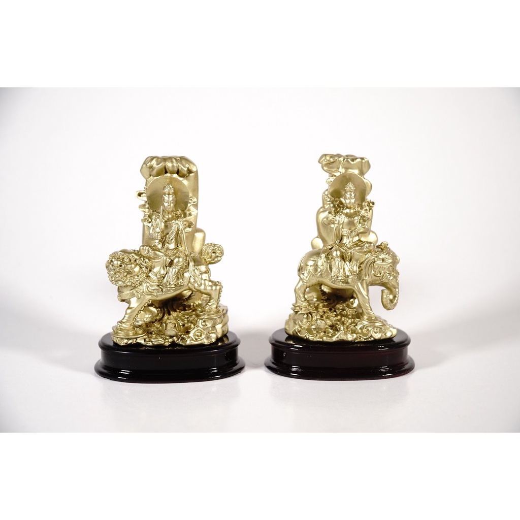 Bộ 2 tượng Phật Văn Thù cưỡi hổ và Phổ Hiền cưỡi voi mạ đồng - Cao 10cm