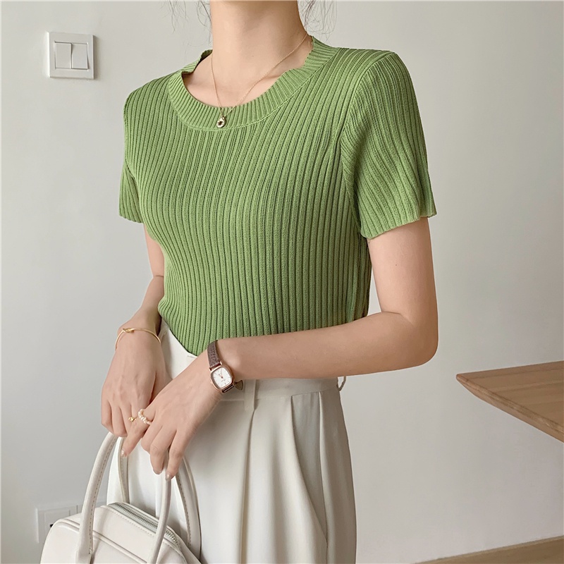 Áo Thun Dệt Kim Mỏng Tay Ngắn Cổ Tròn Thời Trang Hàn Quốc Cho Nữ