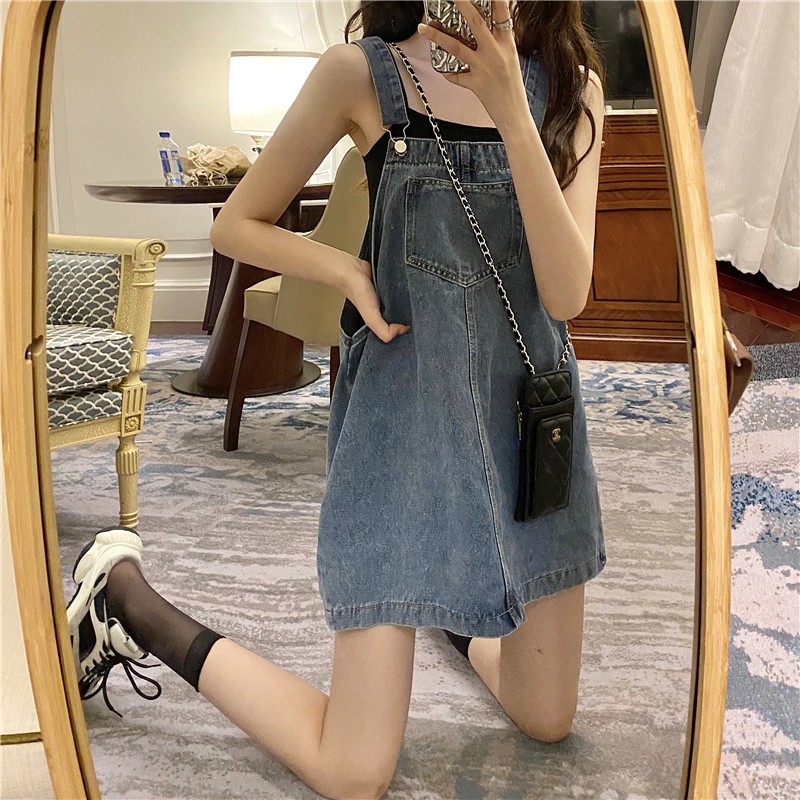 Xiaozhainv Đầm Yếm Denim Form Rộng Phong Cách Hàn Quốc Xinh Xắn Cho Nữ