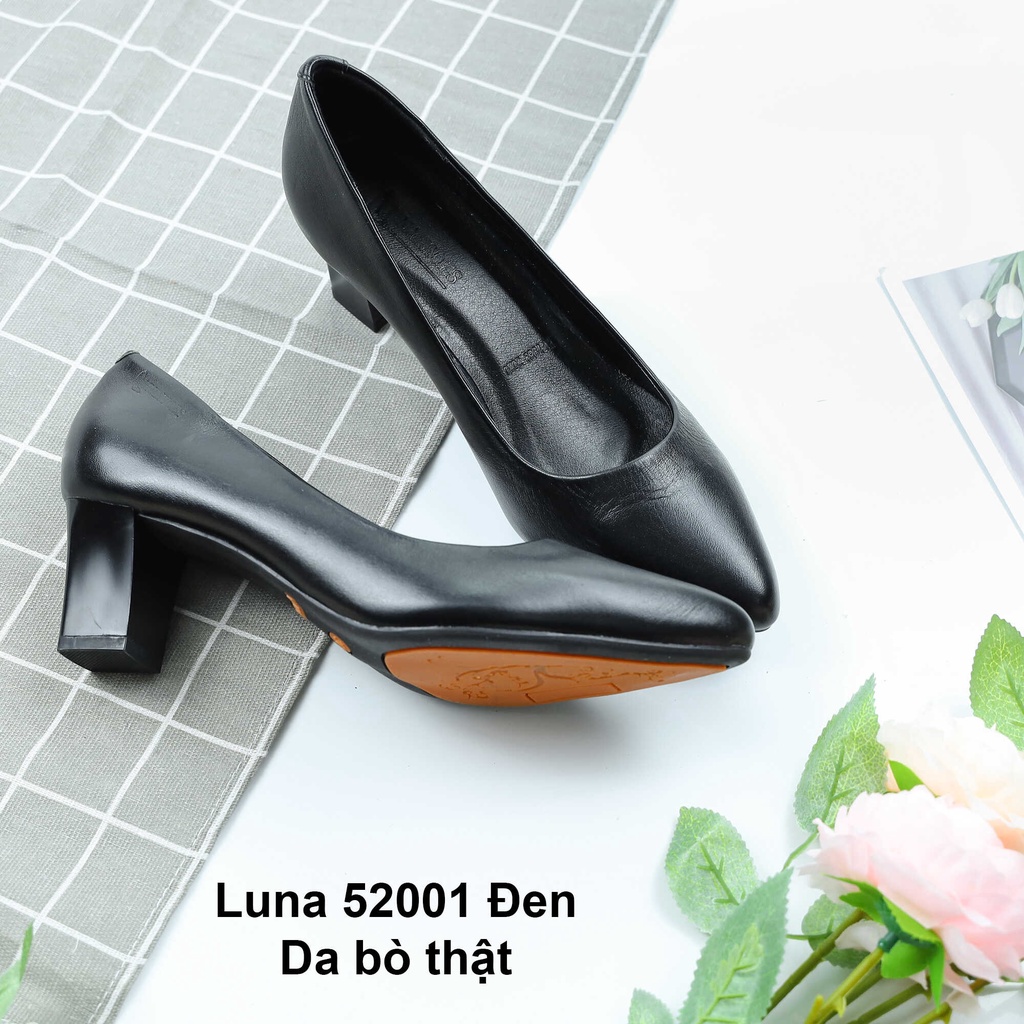 Giày cao gót nữ 5 phân LUNASHOES 52001 mũi nhọn gót vuông da bò mềm êm chân dễ phối đồ bảo hành 2 năm