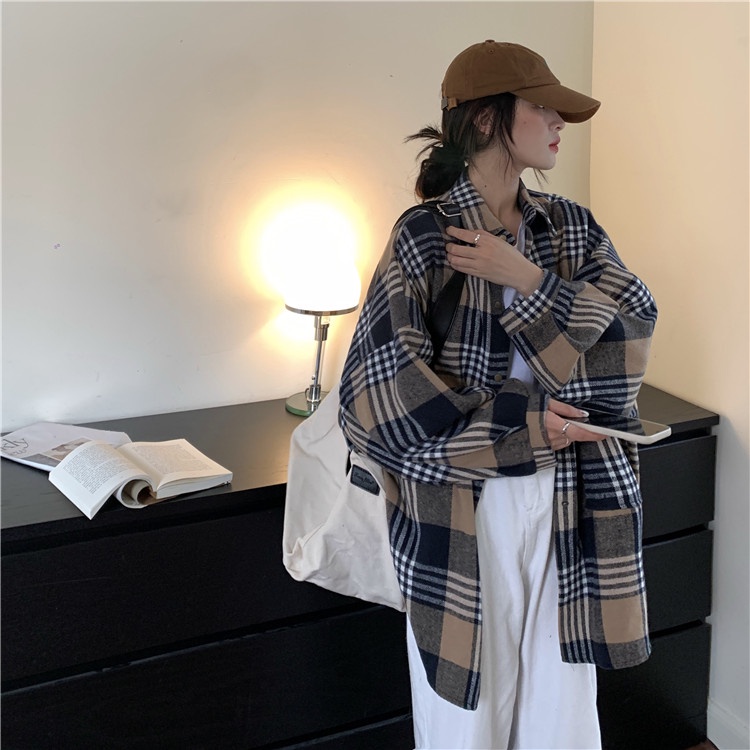 Áo sơ mi SUXI dáng dài rộng họa tiết sọc caro phong cách Hàn Quốc thời trang mùa thu cho nữ