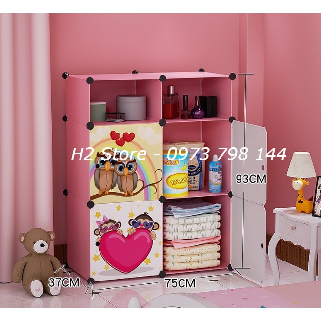 TỦ NHỰA LẮP GHÉP ĐỂ ĐỒ ĐA NĂNG THÔNG MINH 4 Ô + 2 Ô NHỎ CỬA NHÍM KUTE SIZE 37CM