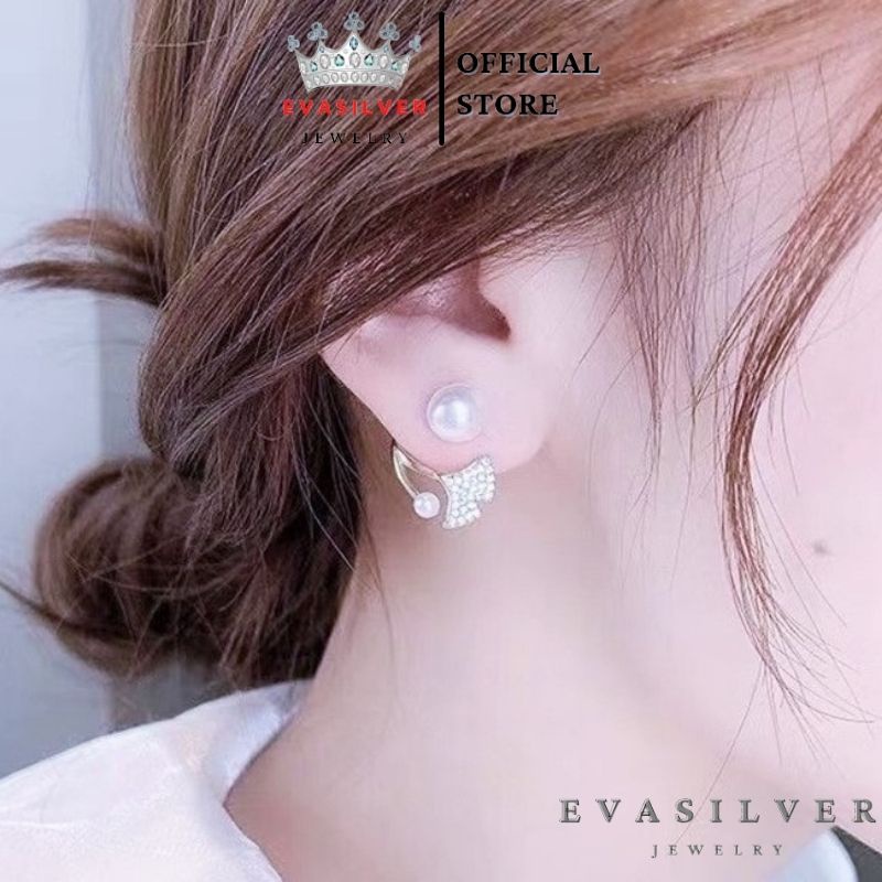 Bông tai bạc hình lá bạch quả đính hạt trai, phong cách thời trang hàn quốc - Trang sức bạc Evasilver