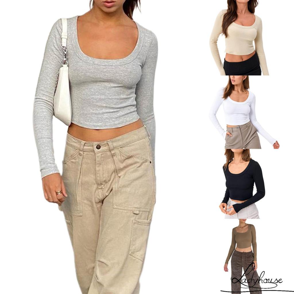 Áo Croptop Tay Dài Màu Trơn Cổ Xẻ Ôm Dáng Thời Trang Xuân Thu Cho Nữ