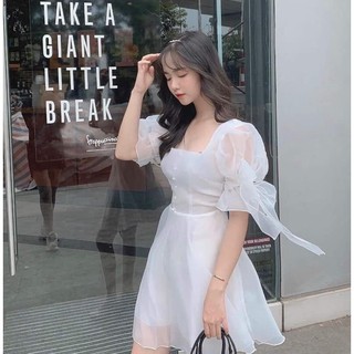 Đầm Nữ Tay Phồng Voan Lụa 2 Lớp ( Màu Trắng Sang Trọng ) Đính Nút Cườm Tay Nơ Esther Fashion