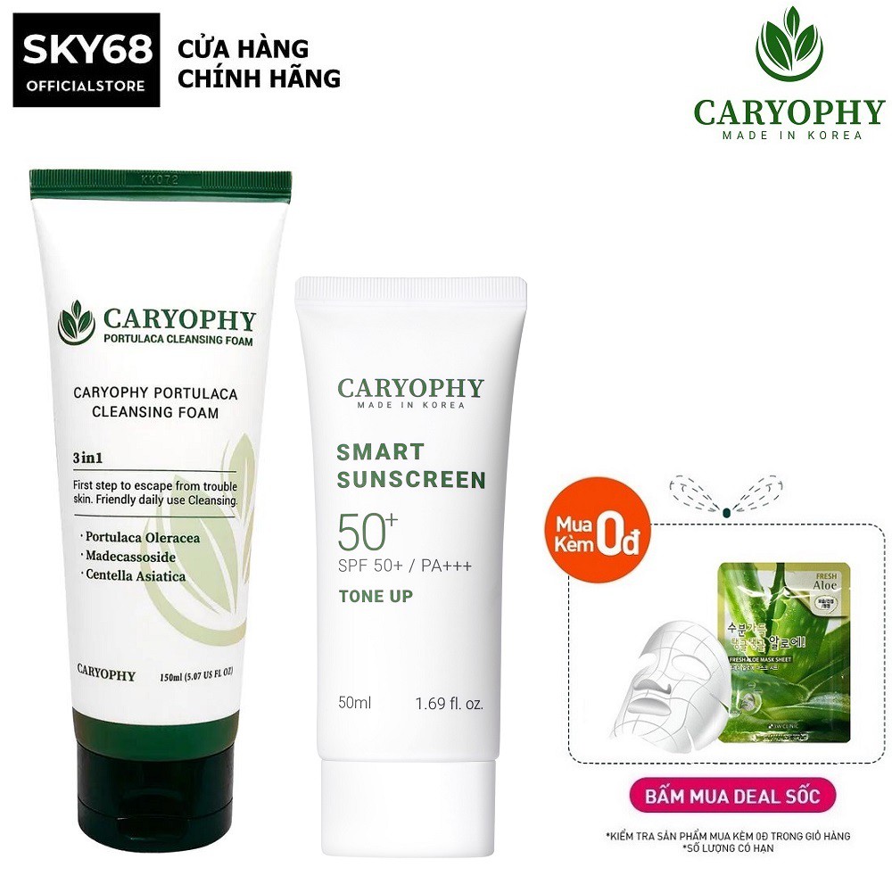 Combo 2 Sản Phẩm Ngừa Mụn, Giảm Thâm, Làm Sạch Sâu, Bảo Vệ Da CARYOPHY (SRM 150ml + KCN Tone Up 50ml)