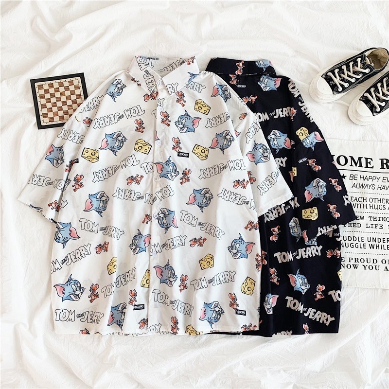 Áo sơ mi tay ngắn hoạ tiết hoạt hình tom&jerry phong cách hàn quốc - Áo sơ mi cổ bẻ tay lửng dáng rộng