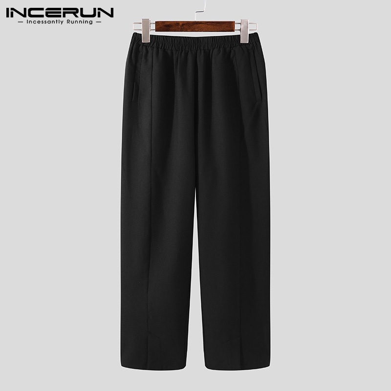 Quần INCERUN ống rộng thẳng lưng co giãn màu trơn thời trang cho nam