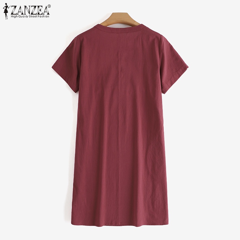 ZANZEA Đầm Mini Cổ Tròn Tay Ngắn Màu Trơn Dáng Rộng Thời Trang Cho Nữ