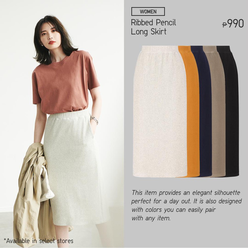 (UNIQLO Nhật chính hãng) Nữ- Chân váy bút chì dáng midi xẻ sau kẻ tăm chất thun- Woman Ribbed Skirt